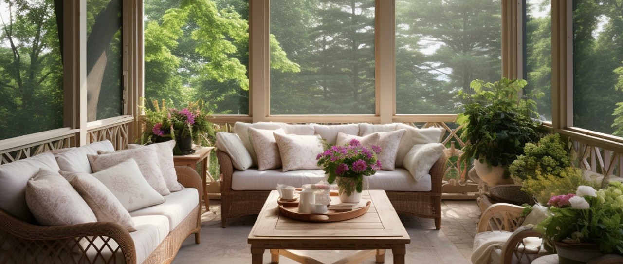 Screened-in porch with patio furniture.
